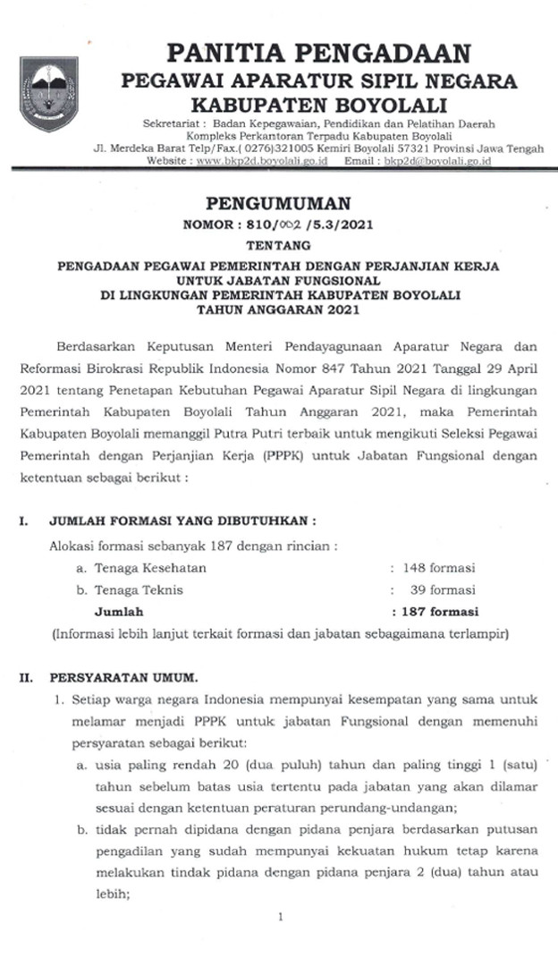PENGUMUMAN PENGADAAN CPNS KABUPATEN BOYOLALI TAHUN 2021